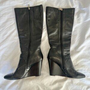 ANN TAYLOR Claudia Black Leather High Heel Wedge Knee High Boots Size 10
